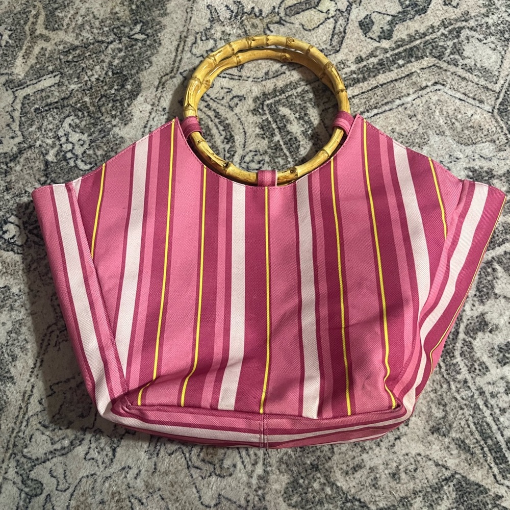 Lancome Pink and Yellow Striped Tote with Bamboo Handle